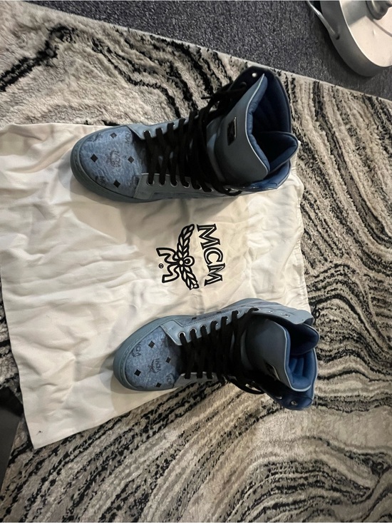 MCM Shoes - MCM Light Blue High-Top Logo Sneakers with Black Laces